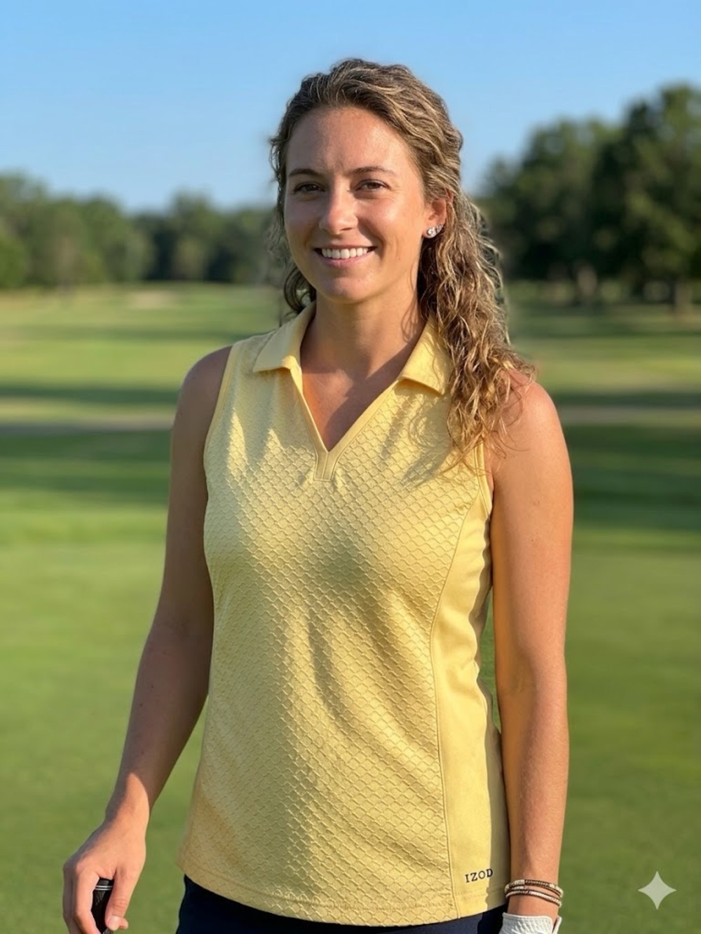 IZOD Women's Yellow Solid Knit Sleeveless Collared Polo Logo Top Size L